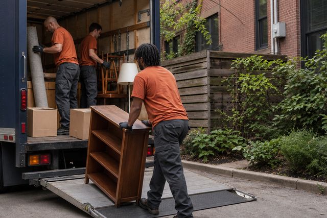 Three-person crew loading furniture and boxes into a box truck