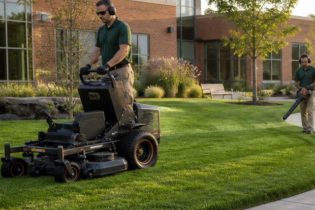 Lawn care technician operating a zero-turn mower on a commercial property