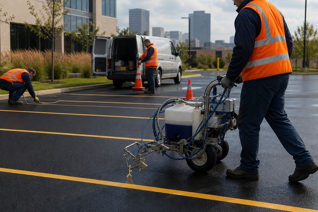 Striping crew marking yellow lines in a parking lot with a line marker